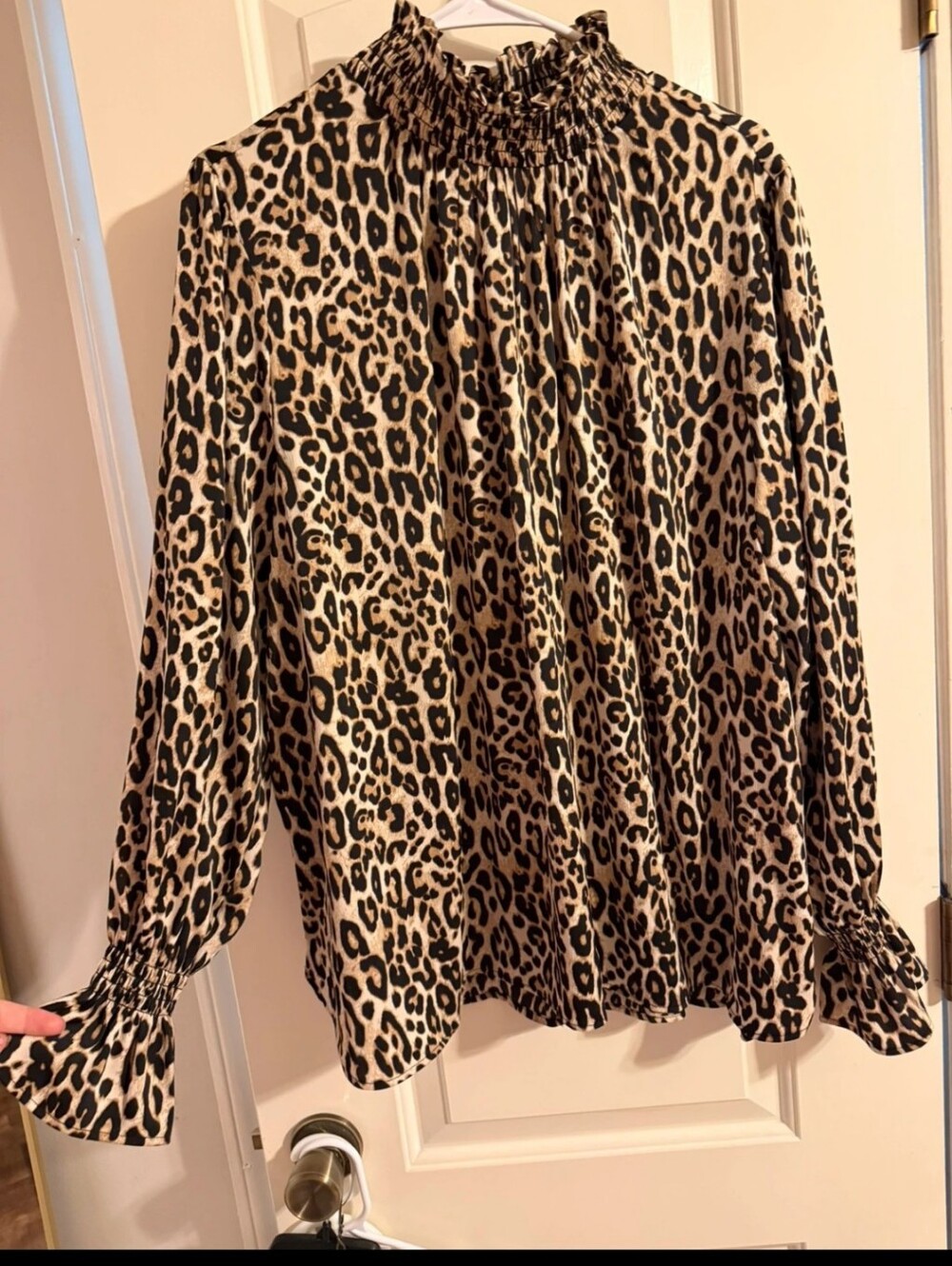 H&M Leopard Print Smocked High-Neck Blouse - Black, Tan XL